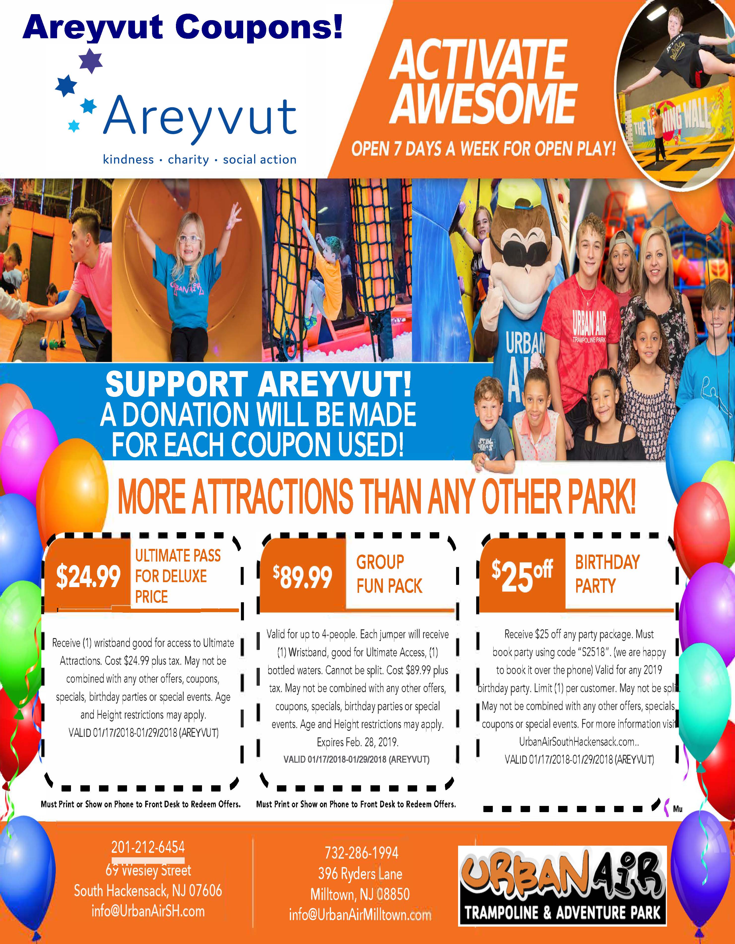 Urban Air Discount for Friends of Areyvut Areyvut Mitzvah Projects